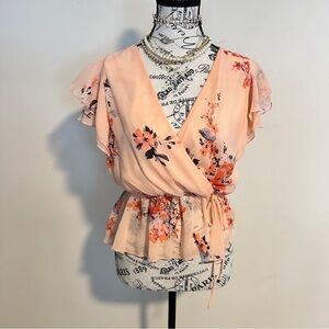 Floral Wrap Blouse - Peach and Orange Lined in front, sheer sleeves & back.